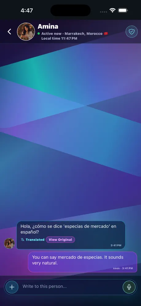Minitu chat showing a translated message and the View Original control.